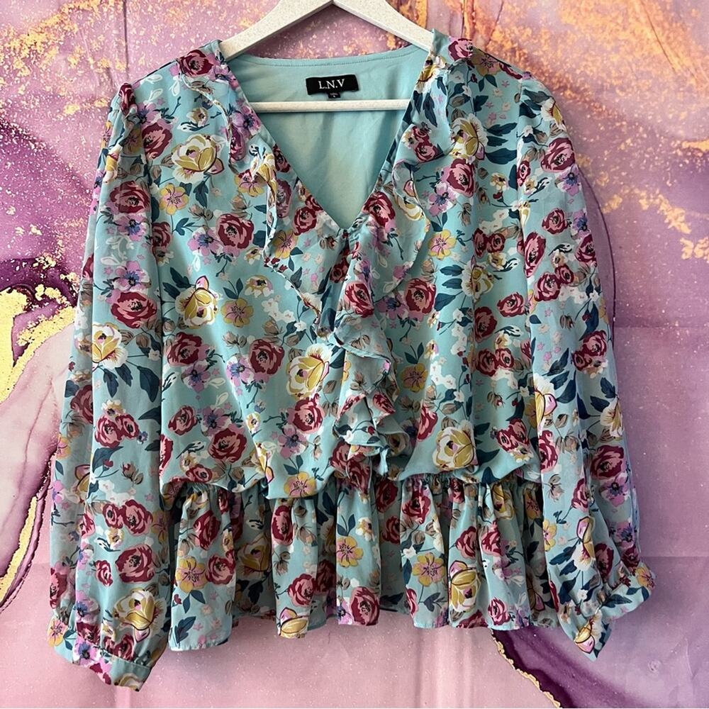5/$30 L.N.V Ruffle Tiered Peplum V-Neck Long Sleeve Blouse L